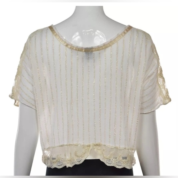 Free People Vintage Ivory Short Sleeve Beaded Wide Neck Blouse (Size S) - Picture 3 of 12